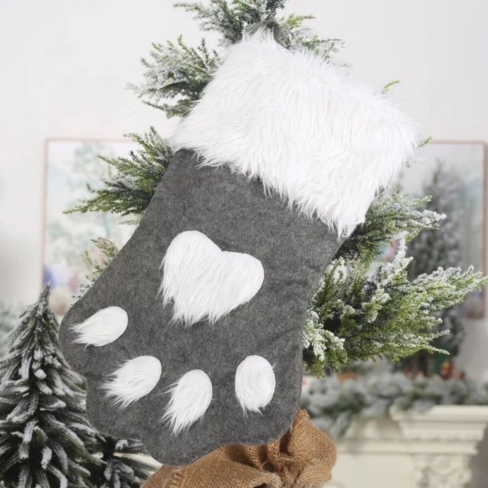 Dog paw print gray faux fur Christmas stocking